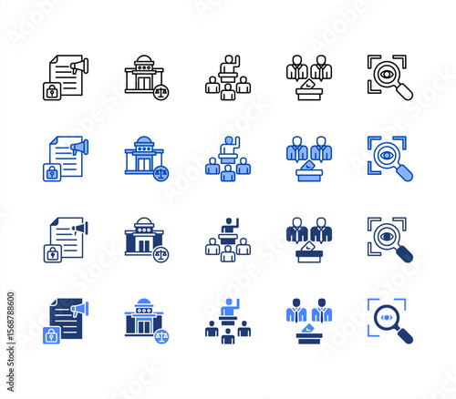 Democracy  icon sheet multiple style collection.  Free press, Legislature, Representation, Elections, Transparency.