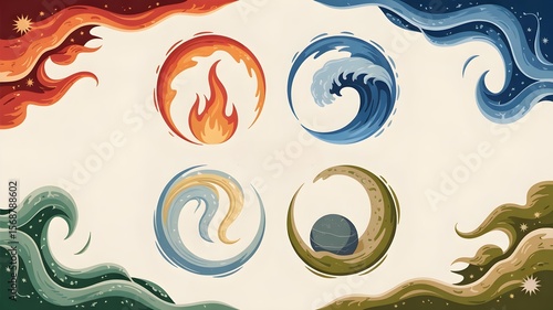 Four elements symbols with fire water earth air in circular design