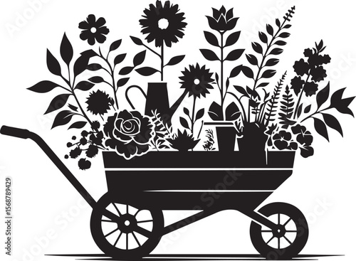 wheelbarrow with flowers, wheelbarrow logo garden cart flower silhouette vector black and white