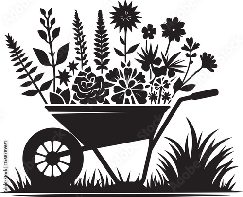 wheelbarrow with flowers, wheelbarrow logo garden cart flower silhouette vector black and white