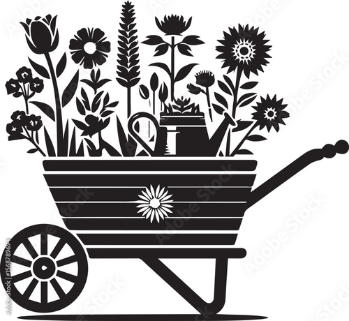 wheelbarrow with flowers, wheelbarrow logo garden cart flower silhouette vector black and white