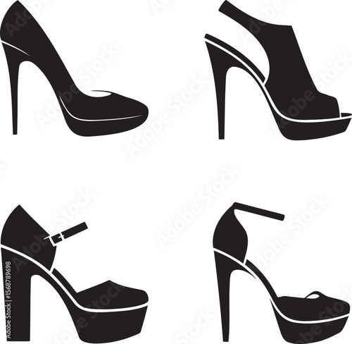 High heels silhouette set vector illustration isolated On Transparent Background