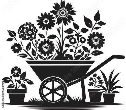 wheelbarrow with flowers, wheelbarrow logo garden cart flower silhouette vector black and white