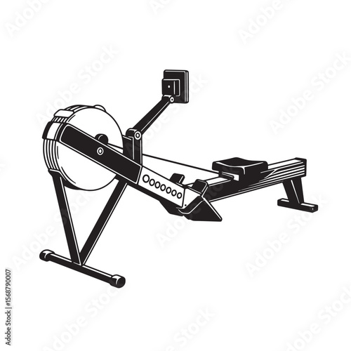 A black and white vintage art illustration of a rowing machine for fitness and exercise