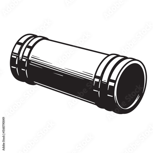 A detailed vintage art black and white illustration of a pipe fitting element for construction plumbing and infrastructure designs