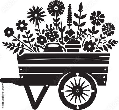 wheelbarrow with flowers, wheelbarrow logo garden cart flower silhouette vector black and white