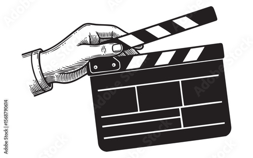 Hand Holding Cinema Clapperboard Vector Engraving Illustration