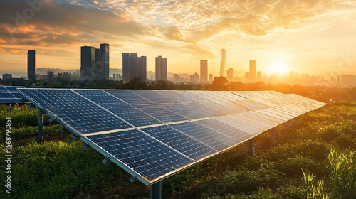 Sustainable energy harmony, solar panels against a cityscape at sunrise