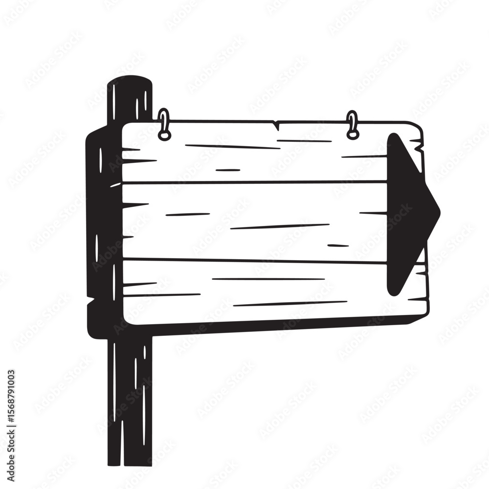 Black and white illustration of a wooden signpost with an arrow design for directional guidance Black and white illustration of a wooden signpost with an arrow design for directional guidance