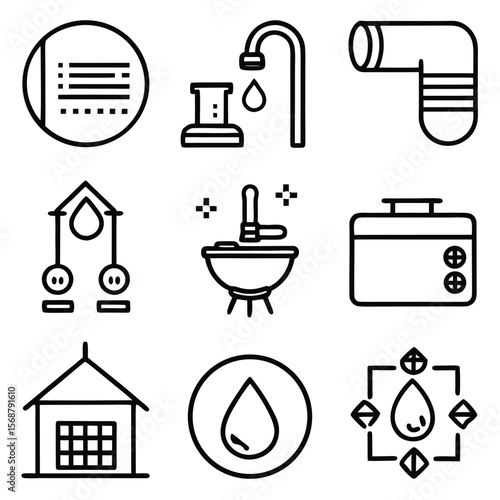 Plumbing icons water pipe faucet sink house drop vector