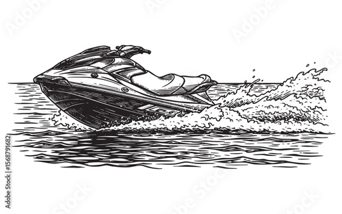 Jet Ski on Water Vector Engraving Illustration