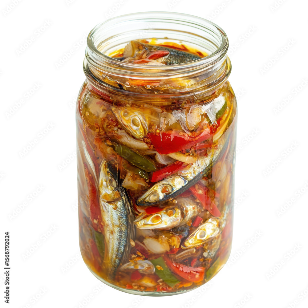 Jar of Marinated Fish with Vegetables in Spicy Sauce Jar of Marinated Fish with Vegetables in Spicy Sauce