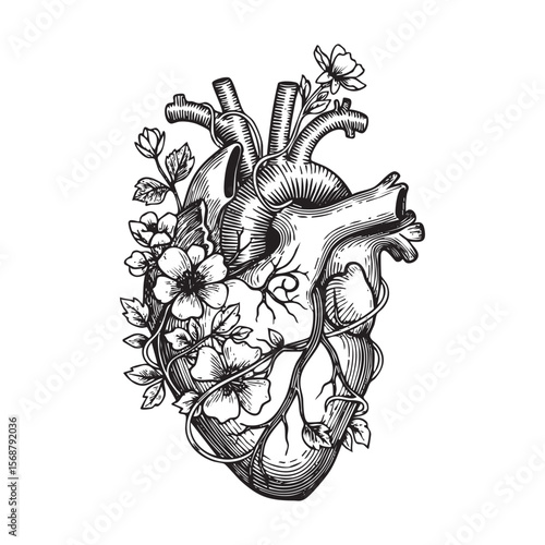 human anatomical heart intertwined with blooming flowers and vines.

