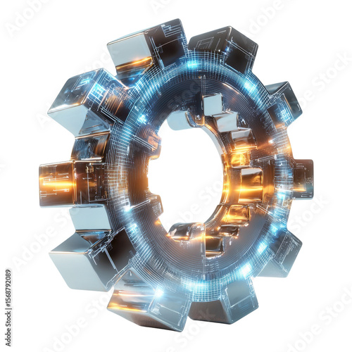 Futuristic Circular Gear with Digital Effects and Glowing Elements