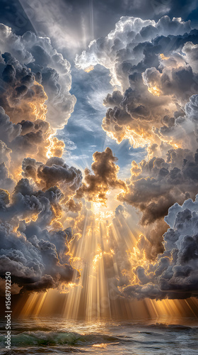 moody storm landscapes Majestic clouds with sunlight breaking through. epic rainy skies emotional weather scenes