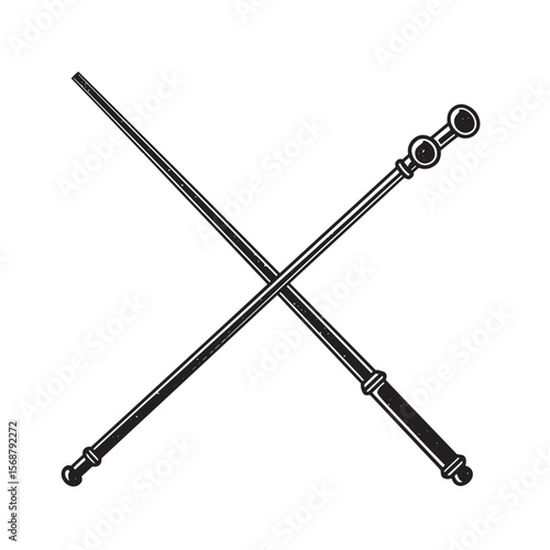 Crossed magic wands in a vintage art style depicting wizardry and fantasy symbolism on white background