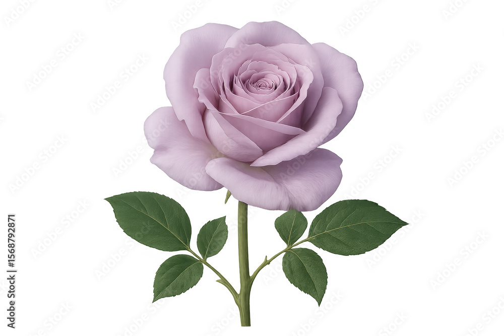 Delicate purple rose blooming amid lush green foliage, resting on pristine transparent surface, highlighting floral elegance Delicate purple rose blooming amid lush green foliage, resting on pristine transparent surface, highlighting floral elegance