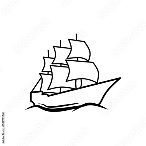 Black line icon of a classic sailing ship with multiple sails. Vintage style vector illustration perfect for nautical themes, maritime design, and historical concepts