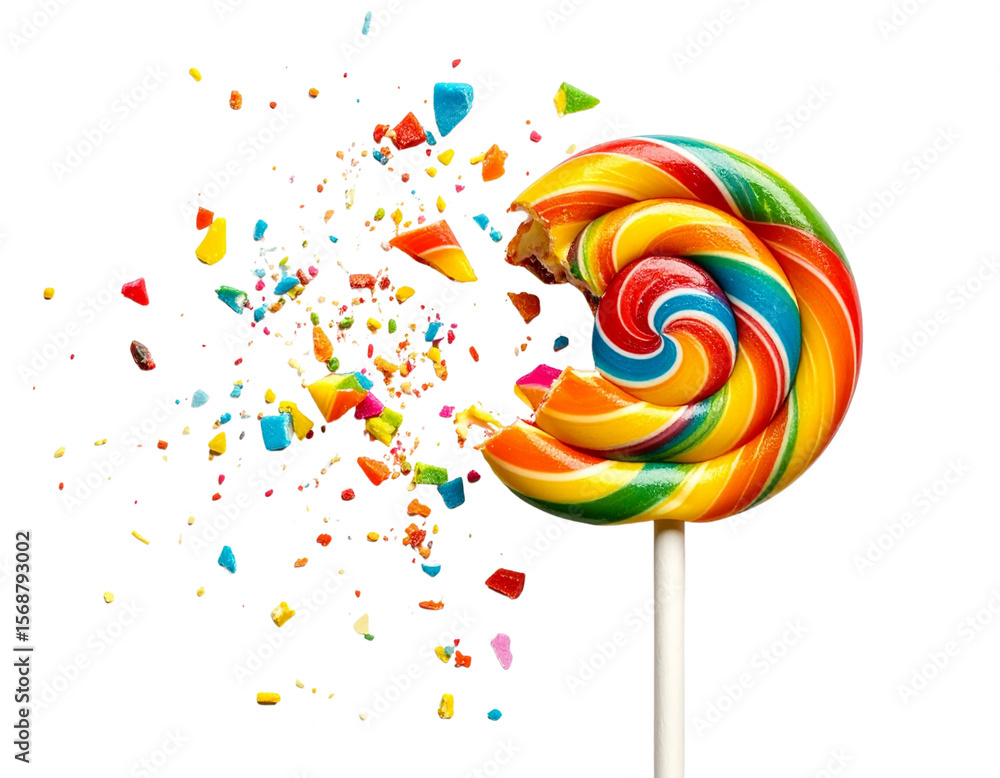 Fototapeta premium Broken Colorful Lollipop with Candy Shards Scattered White Background PNG