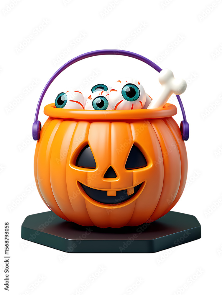 Fototapeta premium Festive Halloween Pumpkin Bucket, Overflowing with Spooky Eyeballs and a Bone – A Delightful Treat for Autumn Celebrations