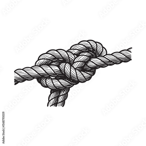 Detailed vintage art illustration of a tied rope knot in a black and white nautical style