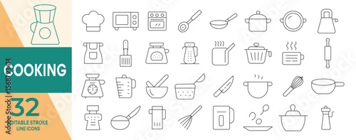 Cooking And Kitchen icon set, Editable Stroke line cooking and flavor enhancers: hand sprinkling, spoon, frying pan, spatula flip, tongs grip, egg cracked, toaster and more Vector illustration