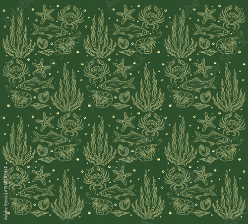 Marine life nautical outline pattern illustration texture background under the sea textile print art editable