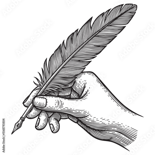 Hand Holding Feather Quill Pen Vector Engraving Illustration

