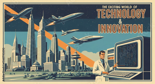 Retro Futuristic Scientist Examining Vintage Computer with Circuitry Display.