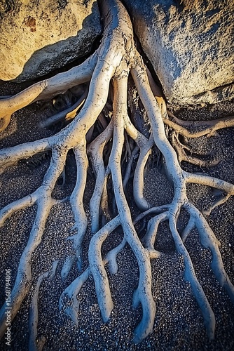 Intricate patterns of exposed roots and stones create natural textures