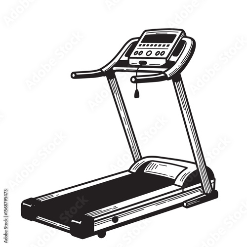 Vintage art black and white illustration of a treadmill for fitness and exercise equipment