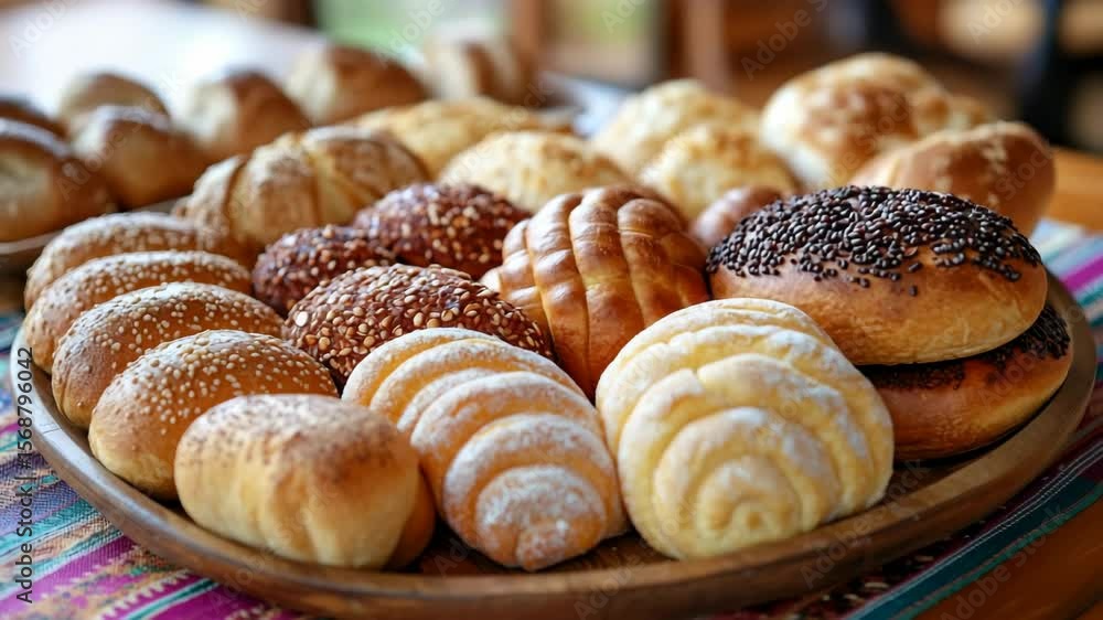 The comforting aroma of tradition a generous offering of freshly baked pan dulce on a colorful platter, a warm culinary heritage background. The comforting aroma of tradition a generous offering of freshly baked pan dulce on a colorful platter, a warm culinary heritage background.