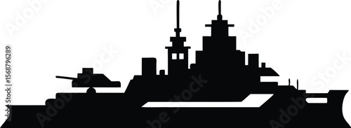 Photography Military battleship silhouette, Battleship Silhouette: A powerful and majestic battleship dominates the scene, its silhouette stark against a simplified seascape