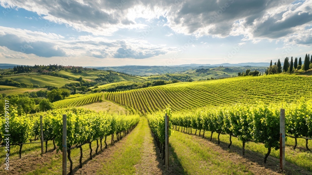 Lush vineyard landscape under a cloudy sky Lush vineyard landscape under a cloudy sky