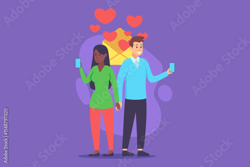 Couple holding hands while looking at their smartphones, surrounded by floating hearts. People sharing moment of joy and affection in colorful, modern setting