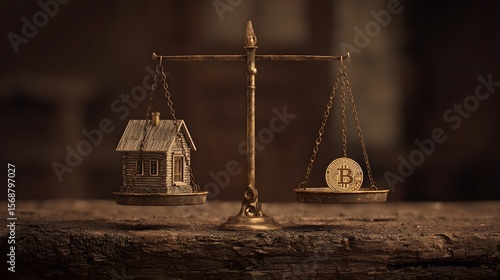 House versus Bitcoin on a scale, contrasting real estate and cryptocurrency