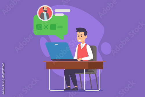Student engaged in online education session while sitting at desk. Boy interacting with virtual classmate on laptop surrounded by colorful background