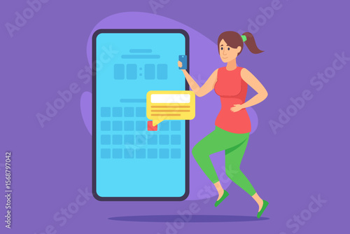 Woman in activewear jogging while using her smartphone. Girl holding device in one hand and looking at screen, engaging with messaging application, with vibrant purple background