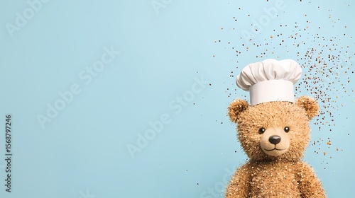 Cute teddy bear wearing a chef's hat, playfully cooking.  Concept for children's cooking, baking, food blogs, or culinary fun.