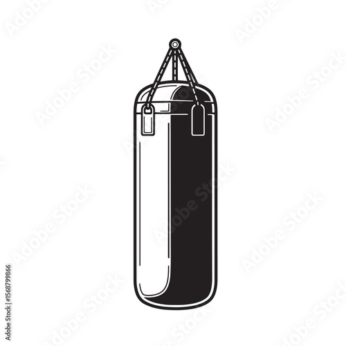 Black and white vintage art illustration of a boxing punching bag hanging ready for training