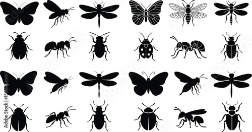 Set of black silhouette vector insects including butterfly, ant, dragonfly, beetle and other bugs in simple form