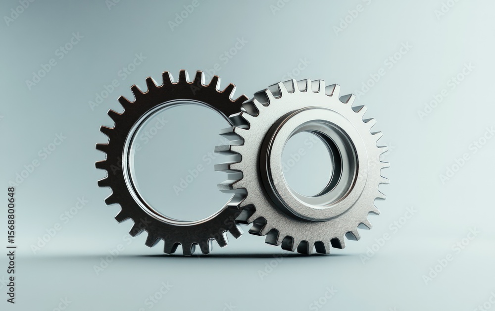 Two metallic gears interlocked against a light gray background Two metallic gears interlocked against a light gray background