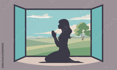 Peaceful woman silhouette praying against opened window. Believer with prayer hands show faith and religion. Superstition and high power. Religious art. Minimalist design