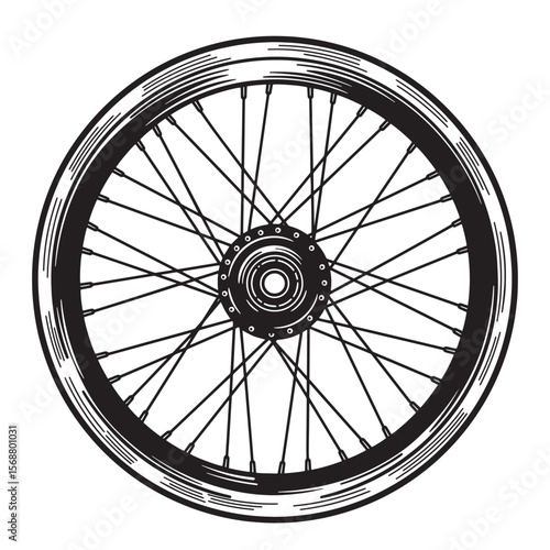 Classic bicycle wheel illustration in a detailed black and white vintage art style