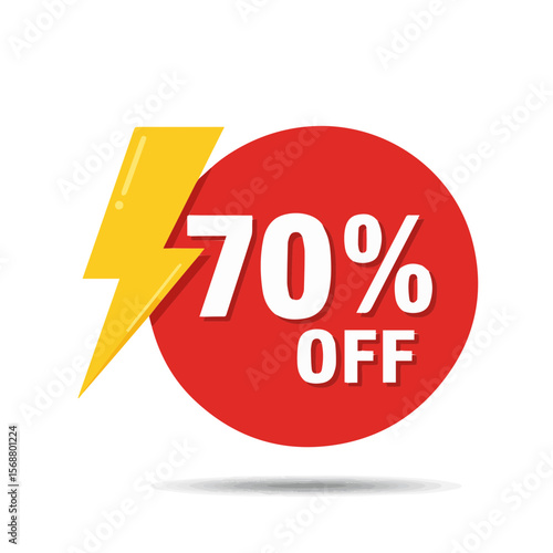 Ikon diskon dengan petir kuning dan label merah cerah bertuliskan “70% OFF”. Sederhana dan kuat sebagai visual untuk diskon besar