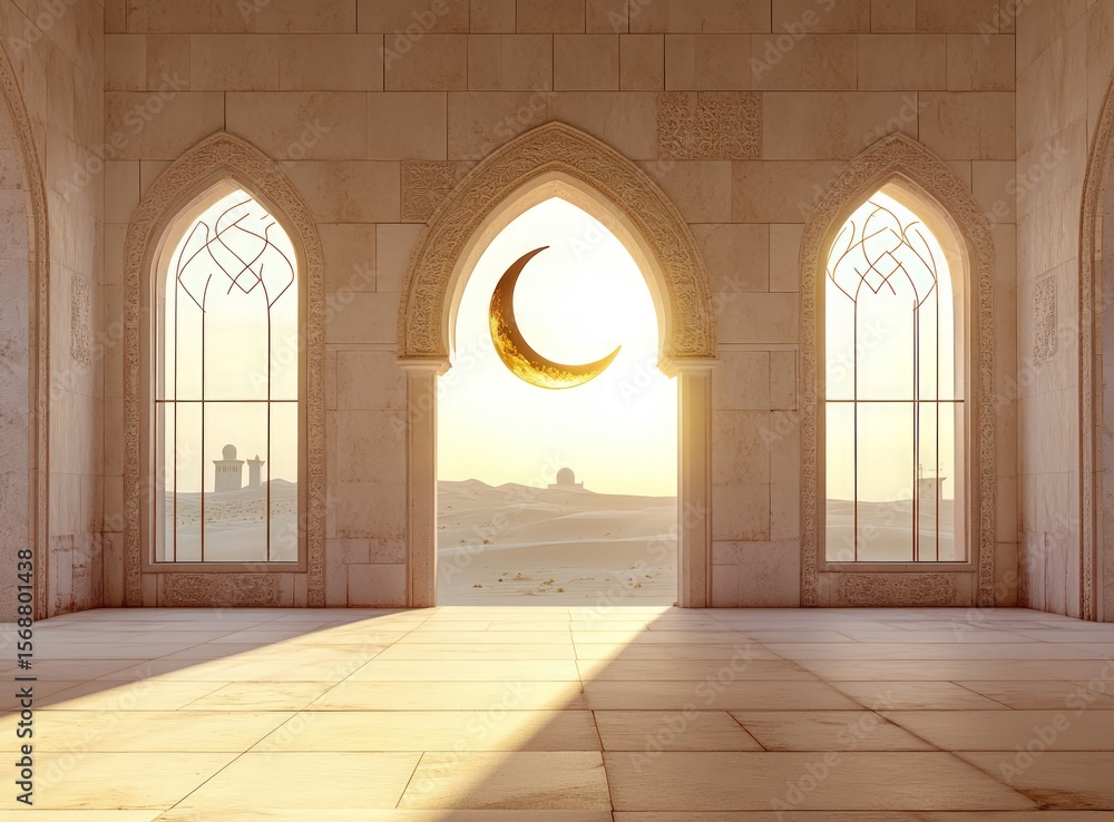Fototapeta premium Beige mosque interior, crescent moon, desert view