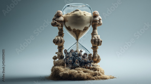 Melting hourglass with sand forming muscular arms, depicting time's paradoxical strength.