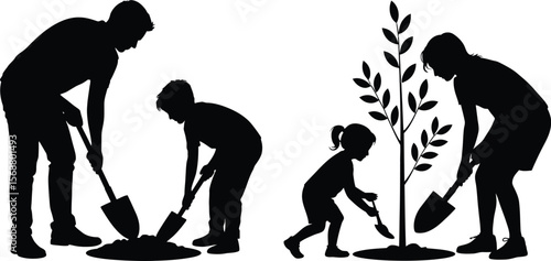 Family tree planting vector with parent and child digging silhouettes for eco friendly concepts