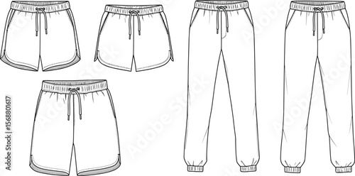 CAD drawing flat vector illustration of men’s and women’s jogger pants and elastic waist shorts fashion template front view