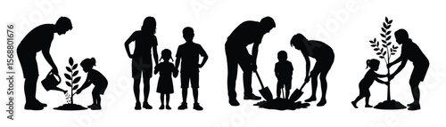 Silhouette family planting scene with man, woman, child working together to grow a tree vector